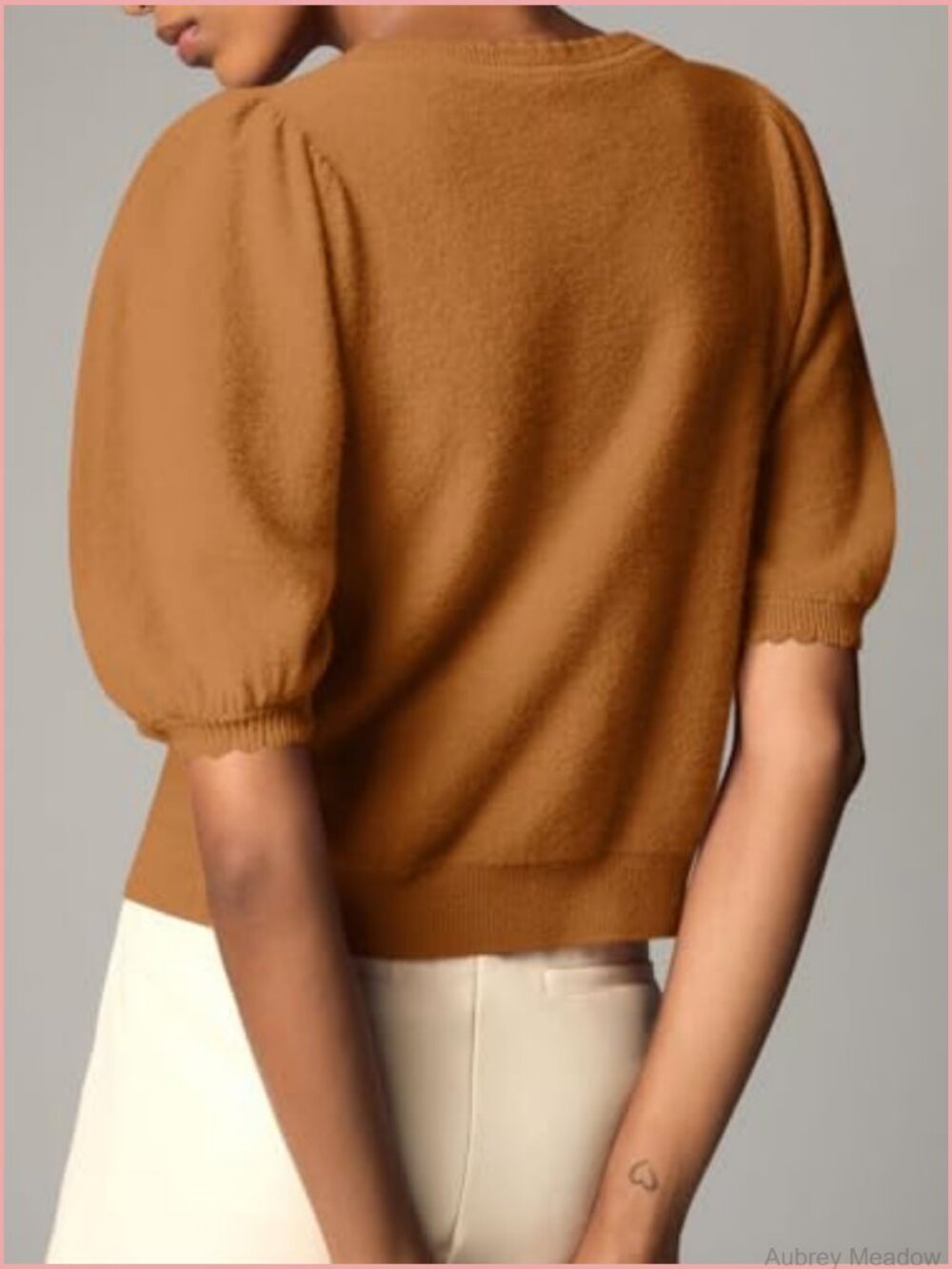 Puff Short Sleeve Cardigan Button Down Knit Crew Neck Summer Sweater Top - Picture 5 of 7